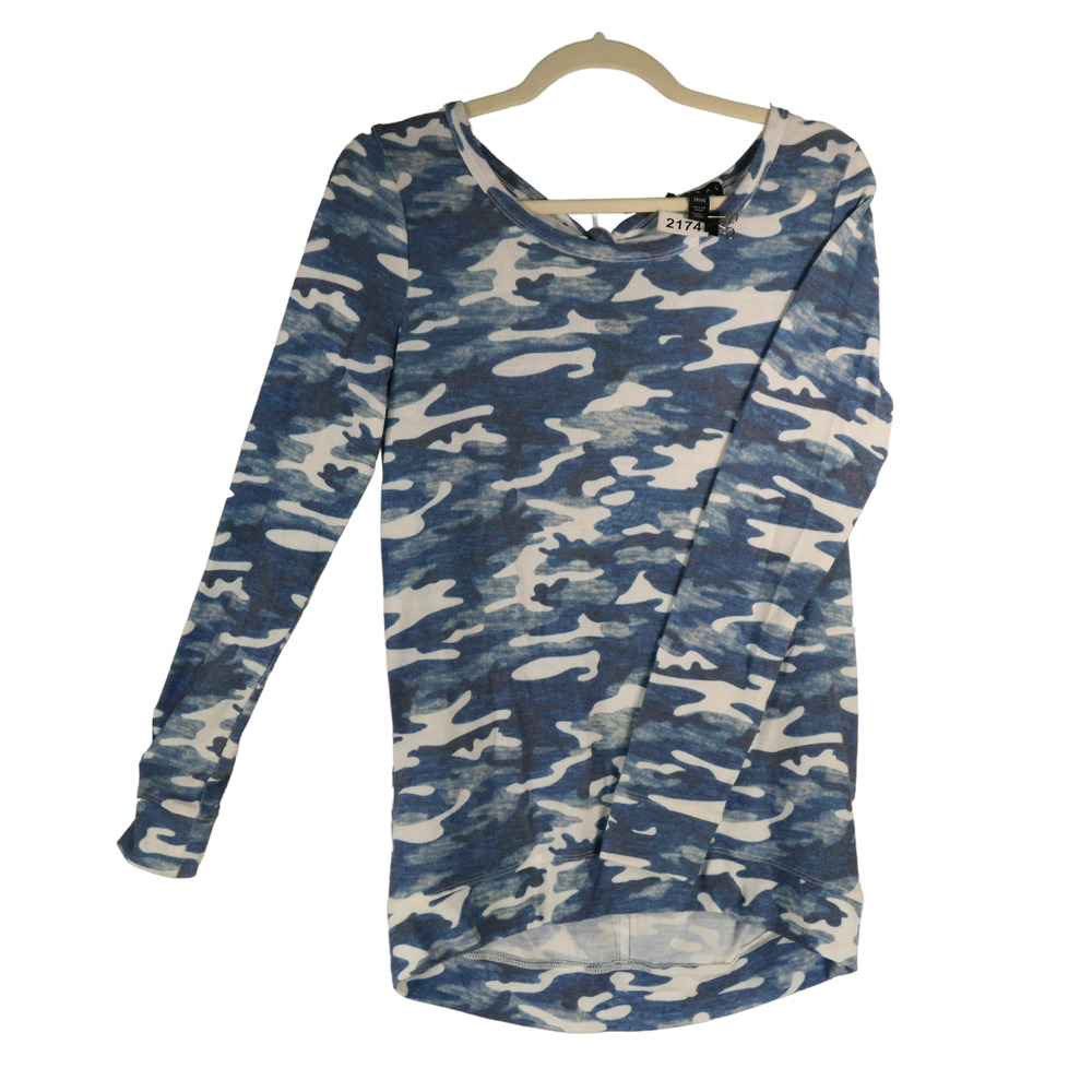 Tribal Blue Camo T Shirt Tee Top Womens XS Soft Tie Back Lightweight Long Sleeve